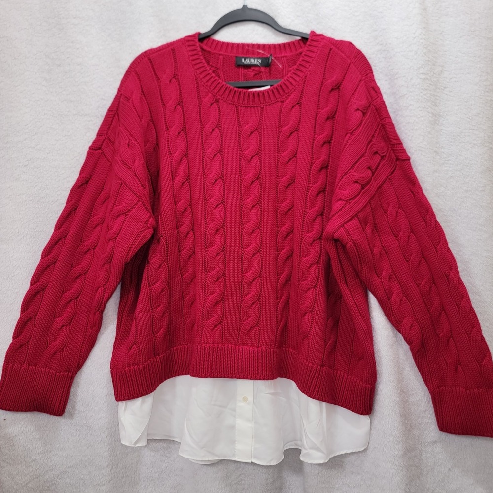 NEW Lauren Ralph Lauren Womens 3XL 3TG Cable-Knit Layered Sweater Red Preppy LRL